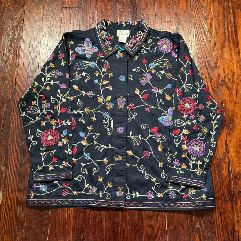 The Quacker Factory Jacket Womens 1X Black Embroidered Beaded Butterfly Floral